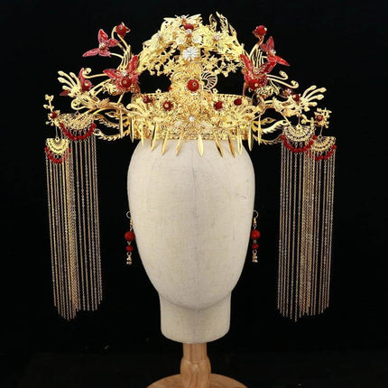 Wedding Xiuhe Headdress Gold Plated, Retro Court Style - gold plated alloy bridal headdress with red accents, tassels, and vintage court design