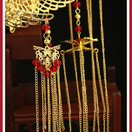 Wedding Xiuhe Headdress Gold Plated, Retro Court Style - gold plated alloy hairpiece with red beads and cascading chains for bridal updos