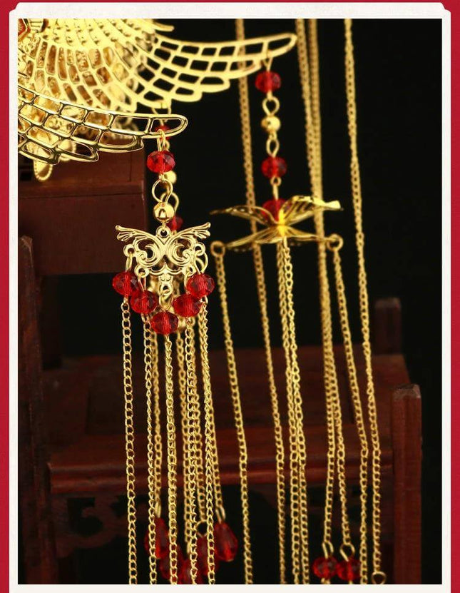 Wedding Xiuhe Headdress Gold Plated, Retro Court Style - gold plated alloy hairpiece with red beads and cascading chains for bridal updos