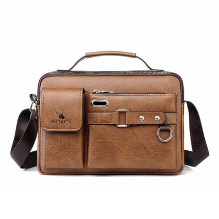 Weixier Men Shoulder Bag PU Leather For Everyday Use front view brown compact crossbody with pockets and adjustable strap