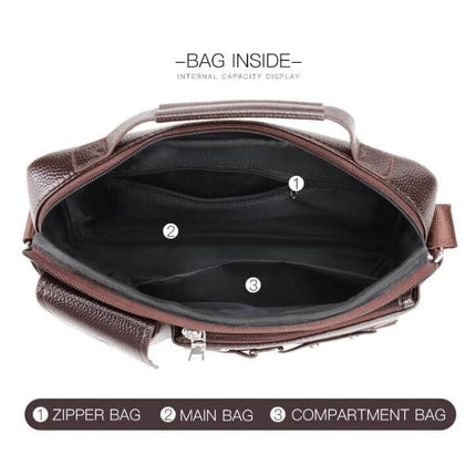 Weixier Men Shoulder Bag PU Leather For Everyday Use showing open brown PU leather interior with zipper pocket, main compartment and divider compartments