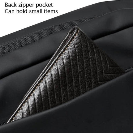 Weixier Waterproof Waist Bag Black For Everyday Use showing back zipper pocket with wallet partially inserted, waterproof oxford cloth, compact hands-free storage