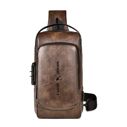 WEIXIER X318 Water-Resistant Crossbody Backpack Casual in brown PU leather, compact water-repellent sling with zippered pockets and adjustable strap