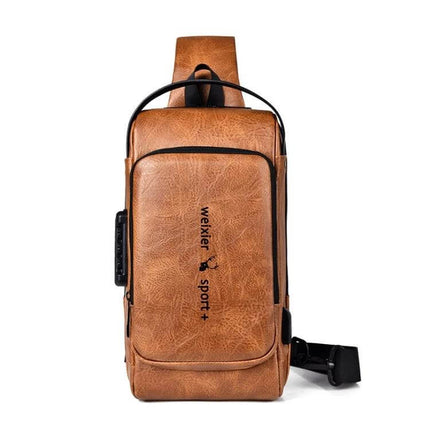 WEIXIER X318 Water-Resistant Crossbody Backpack Casual in brown PU leather, compact everyday sling with front zip pocket and adjustable strap