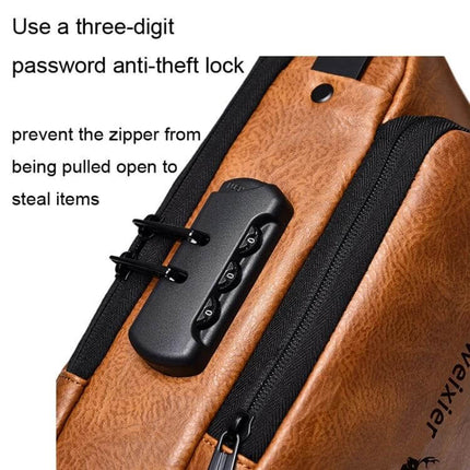 WEIXIER X318 Water-Resistant Crossbody Backpack Casual showing three-digit anti-theft combination lock on brown water-repellent PU exterior