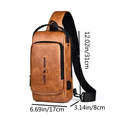 WEIXIER X318 Water-Resistant Crossbody Backpack Casual tan PU leather compact sling bag with measurements and USB port