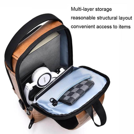 WEIXIER X318 Water-Resistant Crossbody Backpack Casual open showing multi-layer storage with headphones, wallet and tablet for organized daily carry