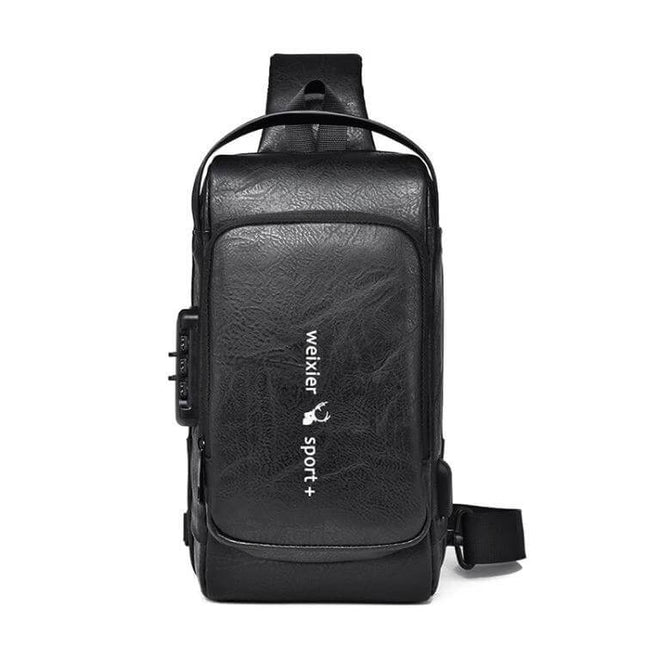 WEIXIER X318 Water-Resistant Crossbody Backpack Casual in black PU with front pocket, lock detail and single shoulder strap for daily urban use