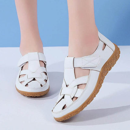Beach Hollowed Flat Sandals For Casual Summer Wear - white hollowed low-top Velcro sandals with round toe, synthetic patent-style upper, gum sole