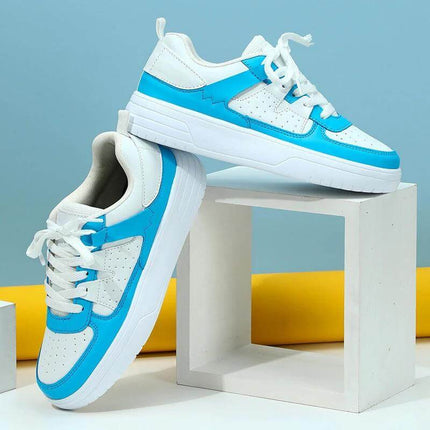 Low Top Platform Sneakers With Soft Rubber Sole For Everyday Wear - white and blue low-top platform sneakers with breathable mesh lining and lace-up closure
