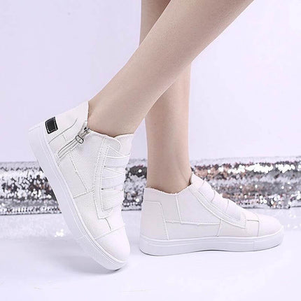 Canvas Flat Walking Shoes For Women With Side Zipper Closure in white canvas, flat rubber sole, side zipper for easy on/off, casual city walking style