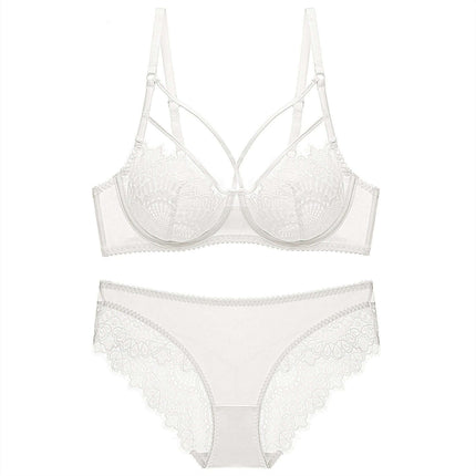 Lace 3/4 Cup Bra And Low Waist Brief Set Adjustable Straps in white lace with underwire and low-rise brief