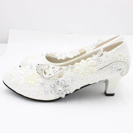 White Lace Bridal Wedding Shoes With Rhinestone Accent 5cm Heel - white lace pumps with rhinestone floral appliqué and 5cm square heel for ceremonies