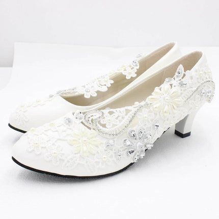 White Lace Bridal Wedding Shoes With Rhinestone Accent 5cm Heel - white lace pumps with floral appliqué and square heel