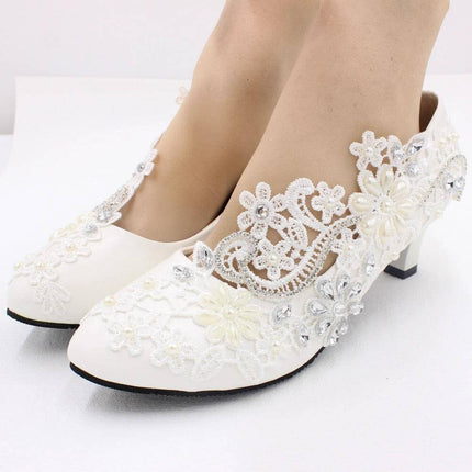 White Lace Bridal Wedding Shoes With Rhinestone Accent 5cm Heel - white lace pumps with floral appliqué, rhinestones, 5cm square heel
