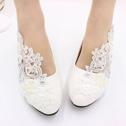 White Lace Bridal Wedding Shoes With Rhinestone Accent 5cm Heel - white lace pumps with rhinestone floral appliqué and 5cm square heel