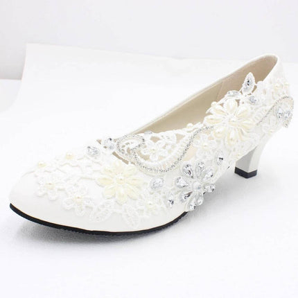 White Lace Bridal Wedding Shoes With Rhinestone Accent 5cm Heel - low square heel lace pumps with floral appliqué and rhinestone accents