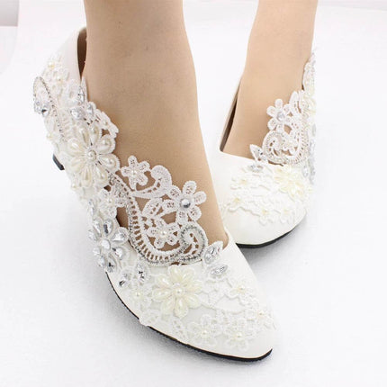 White Lace Bridal Wedding Shoes With Rhinestone Accent 5cm Heel - white lace pumps with rhinestone floral appliqué and 5cm square heel for weddings