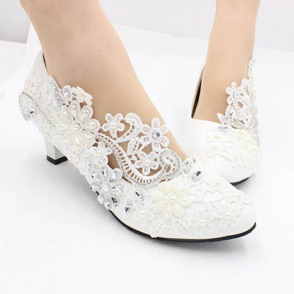 White Lace Bridal Wedding Shoes With Rhinestone Accent 5cm Heel, white lace pumps with rhinestones and 5cm square heel for ceremonies