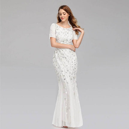 Evening Dress Floor-Length For Formal Occasions You Can Wear with round neckline, lace embroidery and delicate embellishments in white, model view