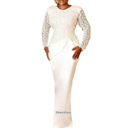 White Lace Tassel Waist Dress With Long Sleeves For Everyday Wear model wearing white lace long-sleeve tassel waist dress, office or casual styling