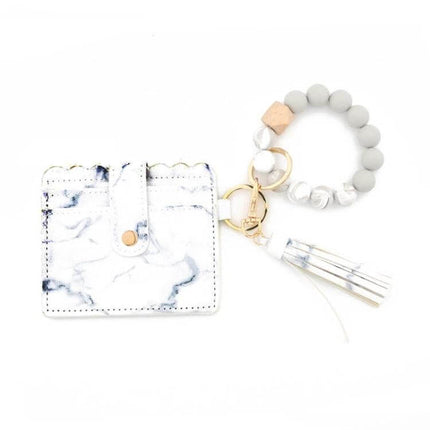 PU Tassel Silicone Bead Bracelet Wallet With Keychain Sunflower marble PU card holder with tassel sunflower accent and silicone bead bracelet keychain