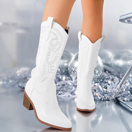 White Mid Heel Western Cowboy Boots With High Shaft, white microfiber pointed-toe mid-heel boots with leather lining and rubber sole for casual wear