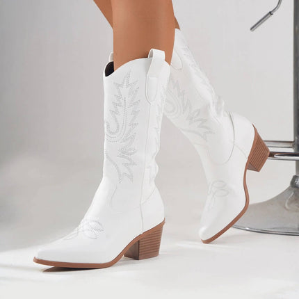 White Mid Heel Western Cowboy Boots With High Shaft in white microfiber with pointed toe, leather lining, rubber sole and short stout mid heel for casual wear