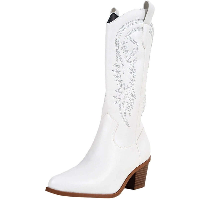 White Mid Heel Western Cowboy Boots With High Shaft in white microfiber, pointed toe, leather lining and slip-resistant rubber sole