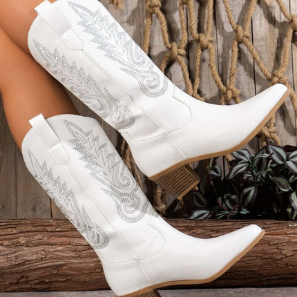 White Mid Heel Western Cowboy Boots With High Shaft shown on model, pointed toe, microfiber upper and slip‑resistant rubber sole, casual western style