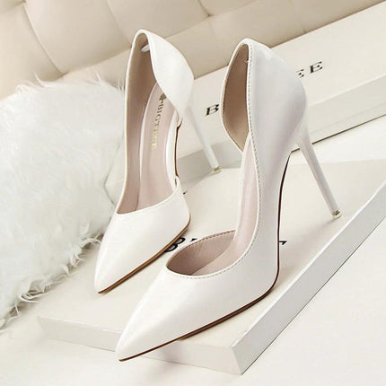 Pointed Stiletto Low Heel Patent Pumps For Women Everyday - glossy white patent pointed-toe pumps with 10.5 cm stiletto heel for office or evening wear