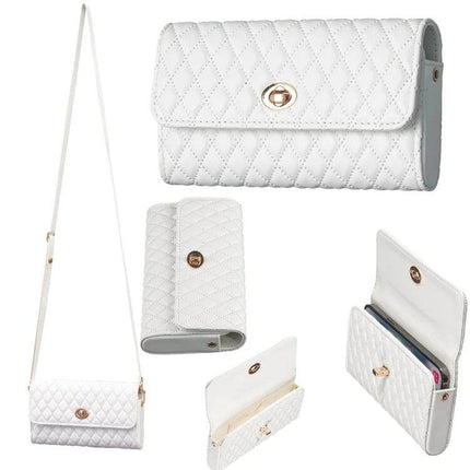 Crossbody PU Horizontal Bag for Large Capacity Everyday Essentials - white quilted PU leather clutch with gold turn-lock and long strap