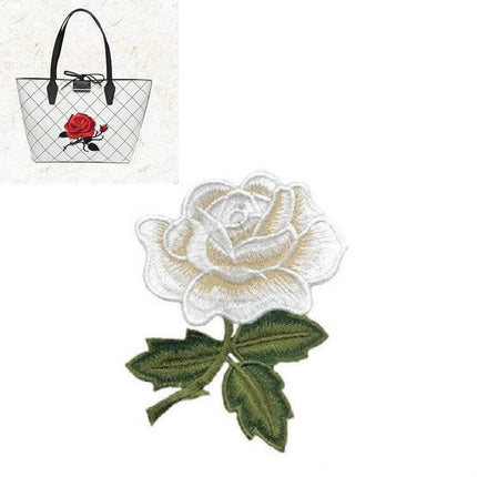 Rose Embroidery Patch Set For Clothes And Accessories - white rose rayon embroidered patch 8.5x6.5cm for bags, jackets, hats