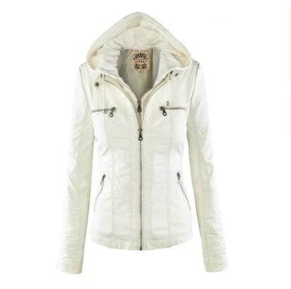 Detachable Hood PU Leather Jacket With Pockets For Women in white with removable hood, zip pockets and tailored silhouette for city wear