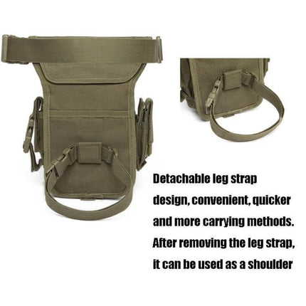 Wild Fishing Portable Waist Bag with Detachable Leg Strap in olive green showing detachable leg strap and front pocket for hands-free fishing gear