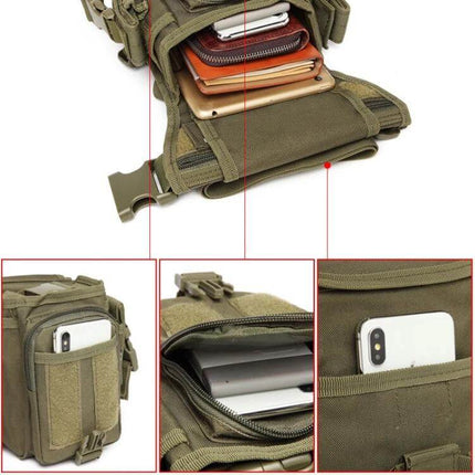 Wild Fishing Portable Waist Bag with Detachable Leg Strap showing open compartments with phone, wallet and tablet for hands-free fishing storage
