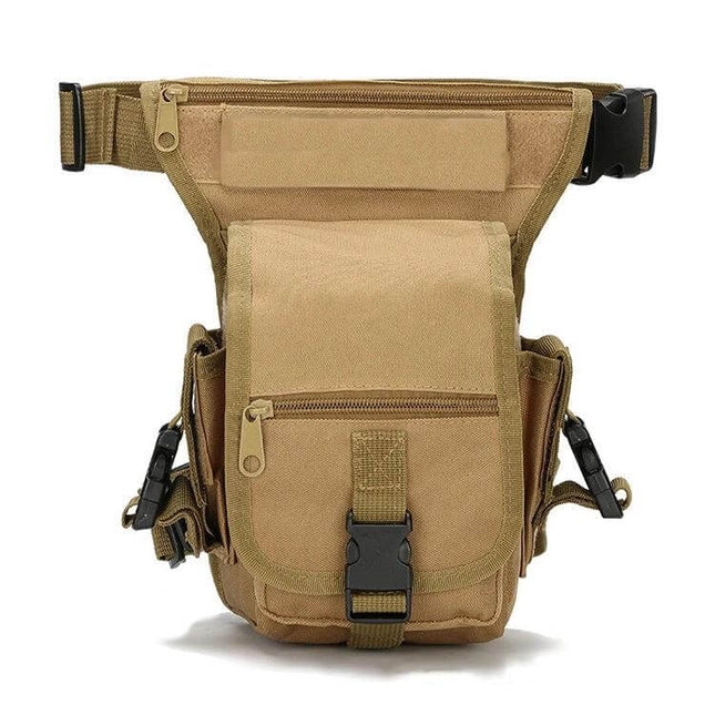 Wild Fishing Portable Waist Bag with Detachable Leg Strap in tan, 5L compact hands-free pouch with detachable leg strap and multiple zip pockets