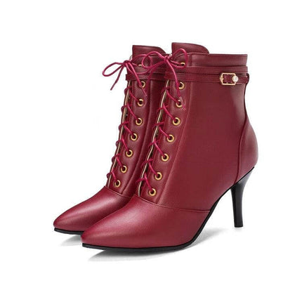 Lace Up Stiletto Ankle Boots With Side Zipper For Everyday Wear - burgundy pointed toe lace-up ankle boots with 8cm heel, side zipper and buckle