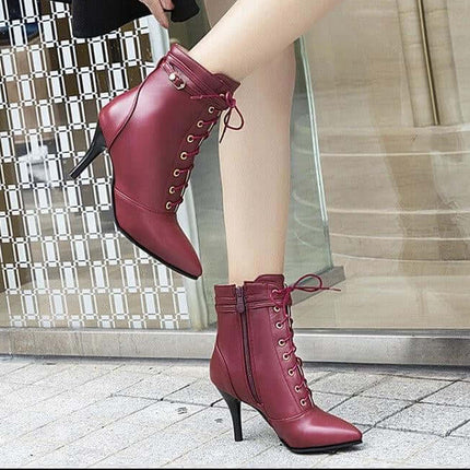 Lace Up Stiletto Ankle Boots With Side Zipper For Everyday Wear - burgundy pointed-toe lace-up stiletto ankle boots with side zipper and buckle