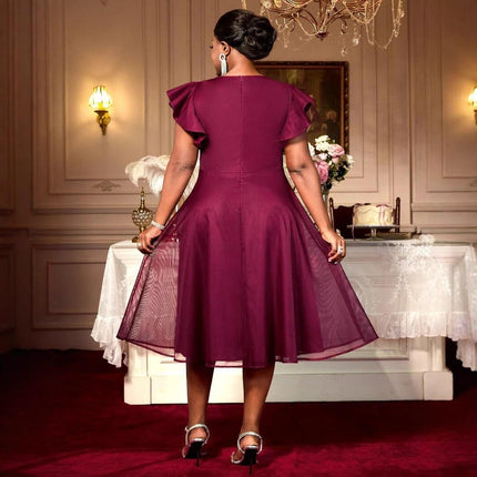 Wine Red Summer Mesh Butterfly Sleeve Dress for Wedding Guests in wine red mid-length A-line with beaded polyester mesh, styled for warm-weather weddings