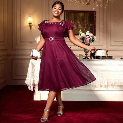 Wine Red Summer Mesh Butterfly Sleeve Dress for Wedding Guests in wine red mesh with beaded neckline and mid-length A-line skirt