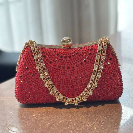 Wine Red Pillow Clutch Bag With Inlaid Diamonds And Chain Strap - quilted pillow shape, gold-tone chain, inlaid diamonds, compact evening bag