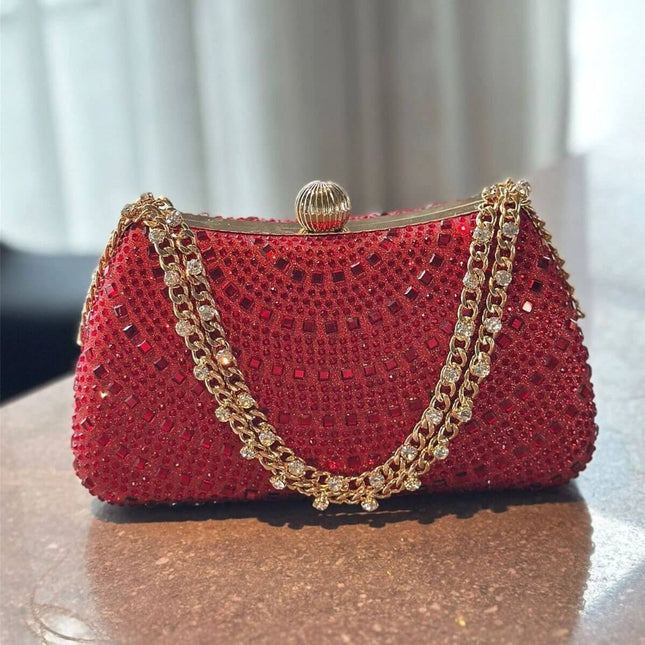 Wine Red Pillow Clutch Bag With Inlaid Diamonds And Chain Strap - quilted pillow shape, gold-tone chain, inlaid diamonds, compact evening bag