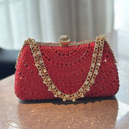 Wine Red Pillow Clutch Bag With Inlaid Diamonds And Chain Strap, quilted pillow silhouette with gold-tone chain and polyester lining