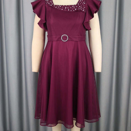 Wine Red Summer Mesh Butterfly Sleeve Dress for Wedding Guests - wine red beaded mesh A-line mid-length dress with butterfly sleeves