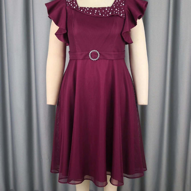 Wine Red Summer Mesh Butterfly Sleeve Dress for Wedding Guests - wine red beaded mesh A-line mid-length dress with butterfly sleeves