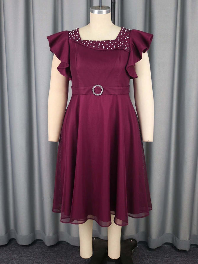 Wine Red Summer Mesh Butterfly Sleeve Dress for Wedding Guests - wine red beaded mesh A-line mid-length dress with butterfly sleeves