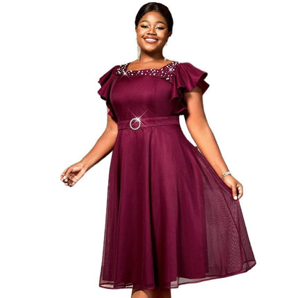 Wine Red Summer Mesh Butterfly Sleeve Dress for Wedding Guests - beaded wine red mid-length A-line mesh dress with butterfly sleeves
