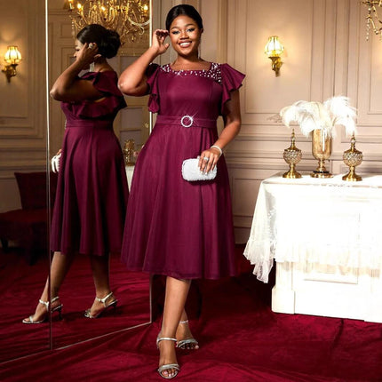 Wine Red Summer Mesh Butterfly Sleeve Dress for Wedding Guests - mid-length A-line beaded polyester dress with flutter sleeves