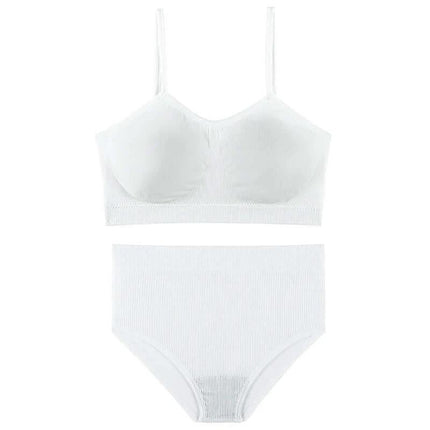 Wireless Breathable Bra Set With Removable Sponge Pads - white seamless nylon thin mould full cup bra and matching high-waist panties, breathable daily wear